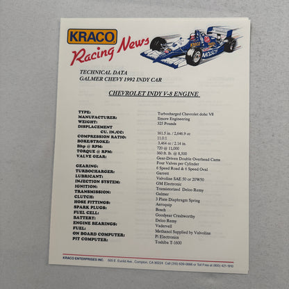 1992 Danny Sullivan Kraco Indy Car Racing Press Kit Brochure Photos Galmer Chevy