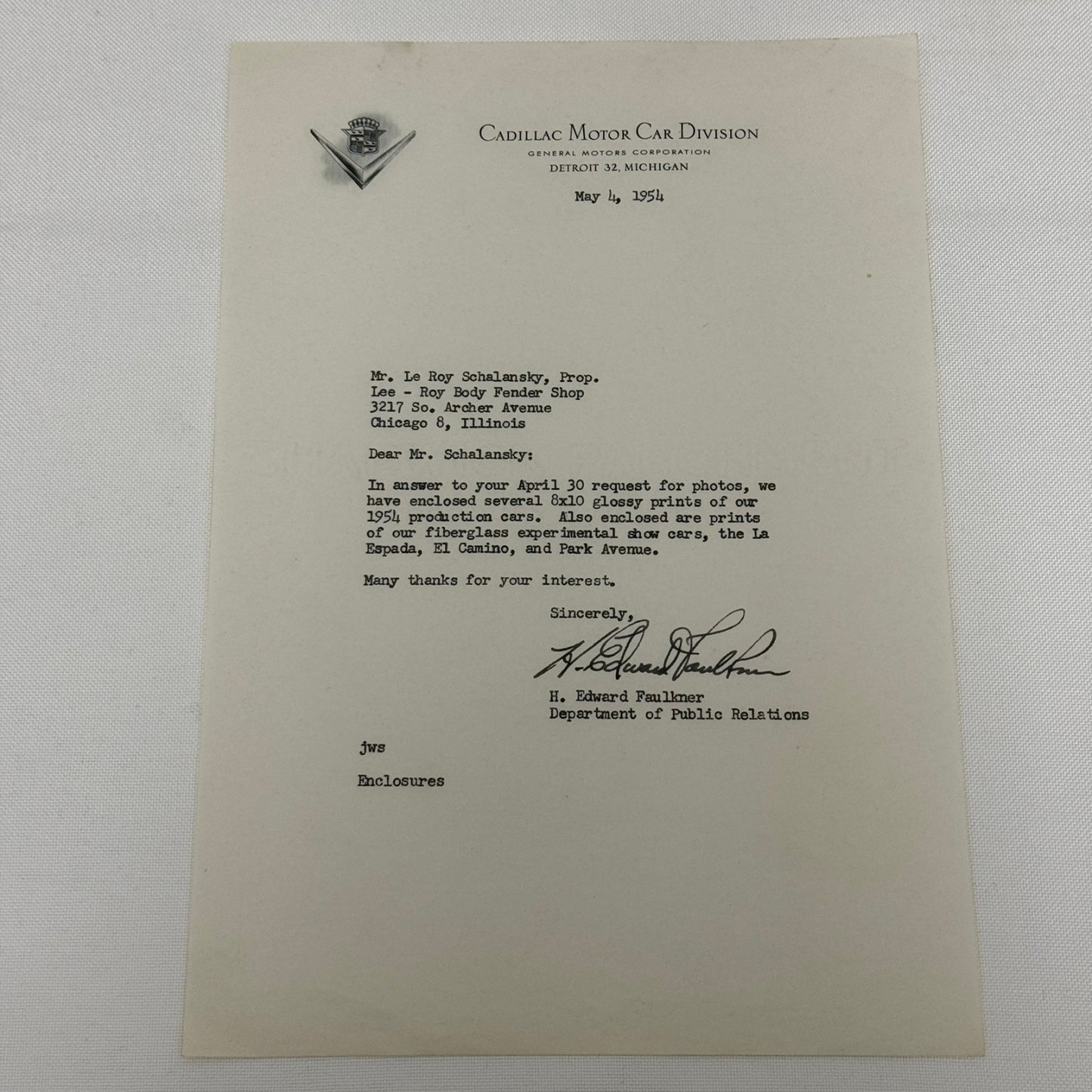 1954 Cadillac Letter Letterhead Vintage Document Signed Public Relations