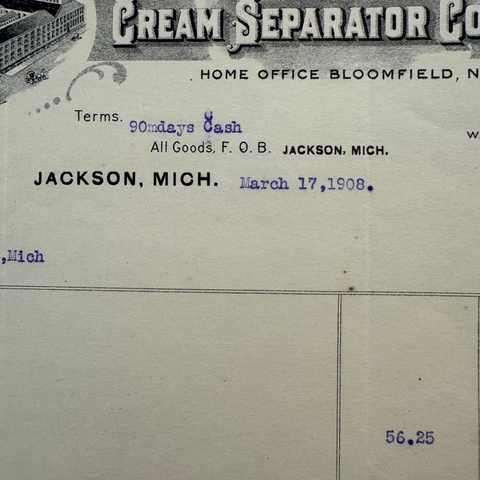 1908 Empire Cream Separator Company Document Invoice Letterhead Bloomfield NJ