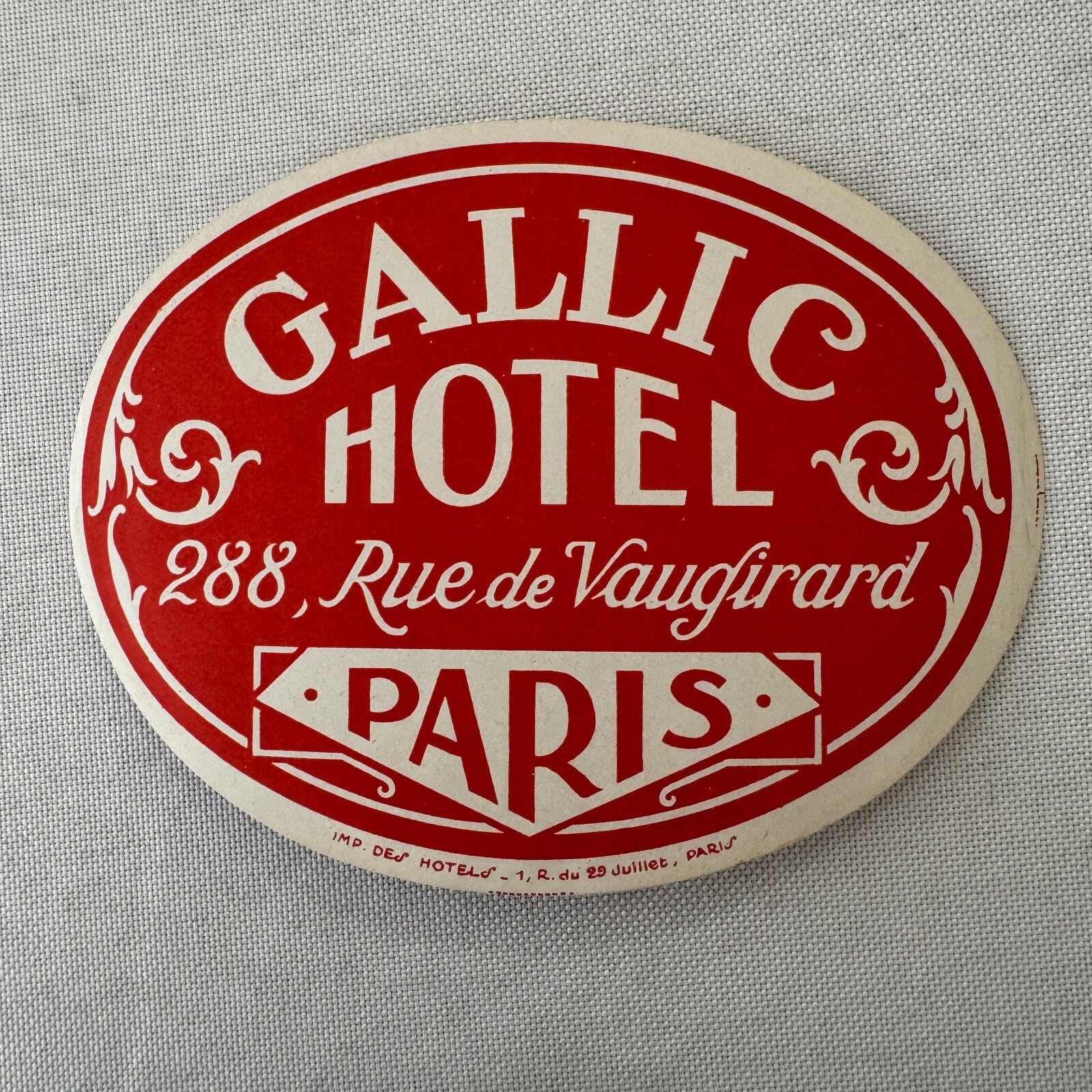 Vintage Hotel Travel Luggage Label Gallic Hotel Paris France