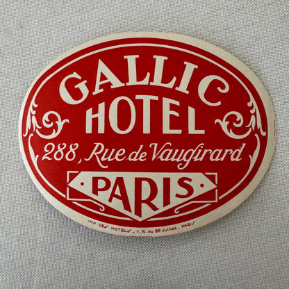 Vintage Hotel Travel Luggage Label Gallic Hotel Paris France