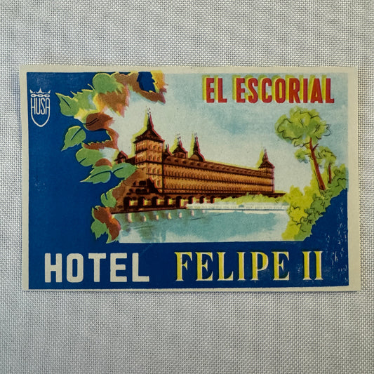 Vintage Hotel Travel Luggage Label El Escorial Spain Spanish Hotel Felipe II