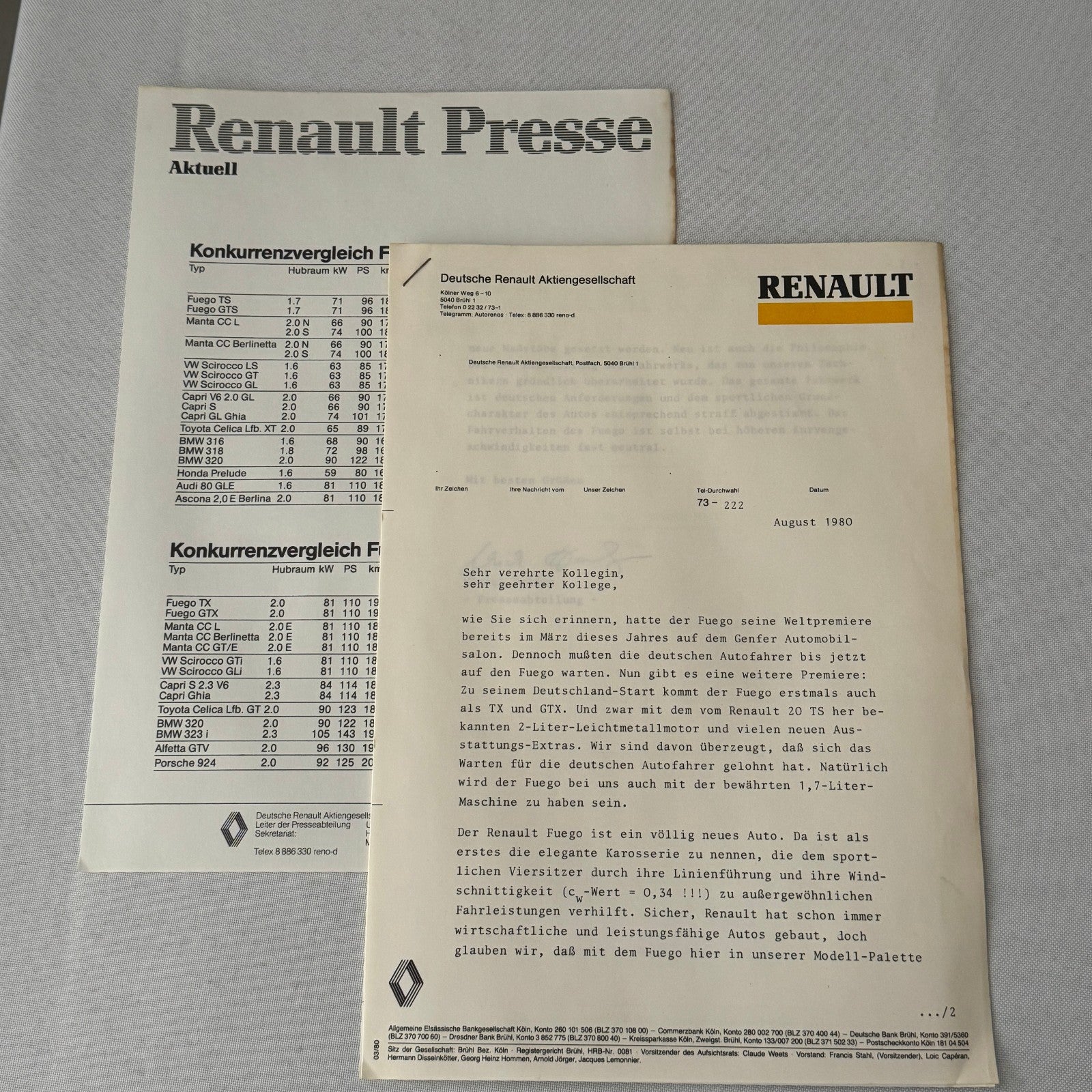Renault Fuego Vintage Press Kit Brochure Photos 1980 GERMAN Text