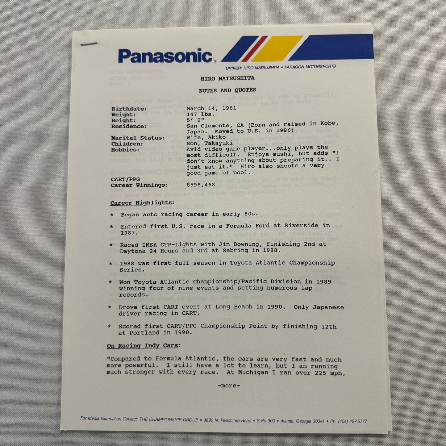 Hiro Matsushita CART Indy Car Racing Driver Press Kit Panasonic Team 1991