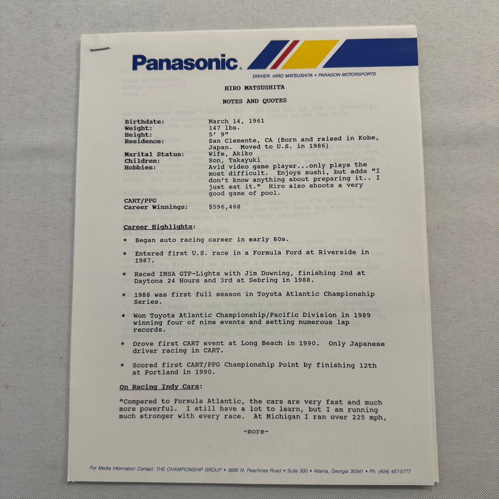 Hiro Matsushita CART Indy Car Racing Driver Press Kit Panasonic Team 1991