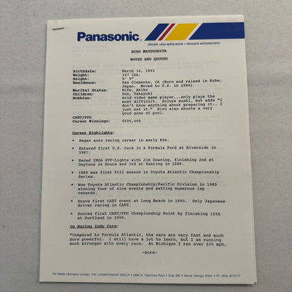 Hiro Matsushita CART Indy Car Racing Driver Press Kit Panasonic Team 1991