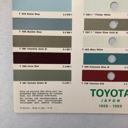 1968 1969 Toyota Car Paint Chip Color Sample Sheet Valentine