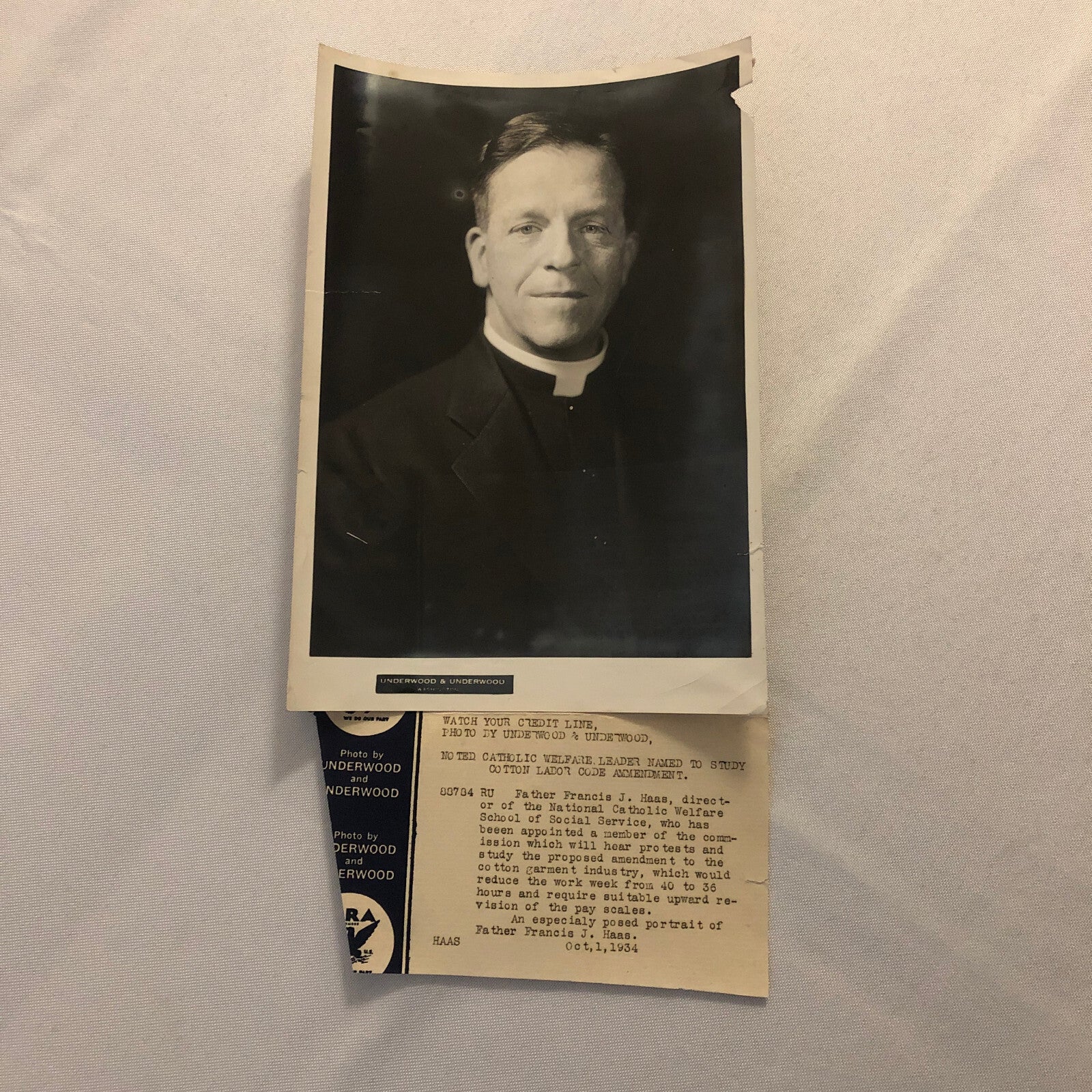 Press Photo Photograph Father Francis J Haas Catholic Welfare Cotton Labor 1934