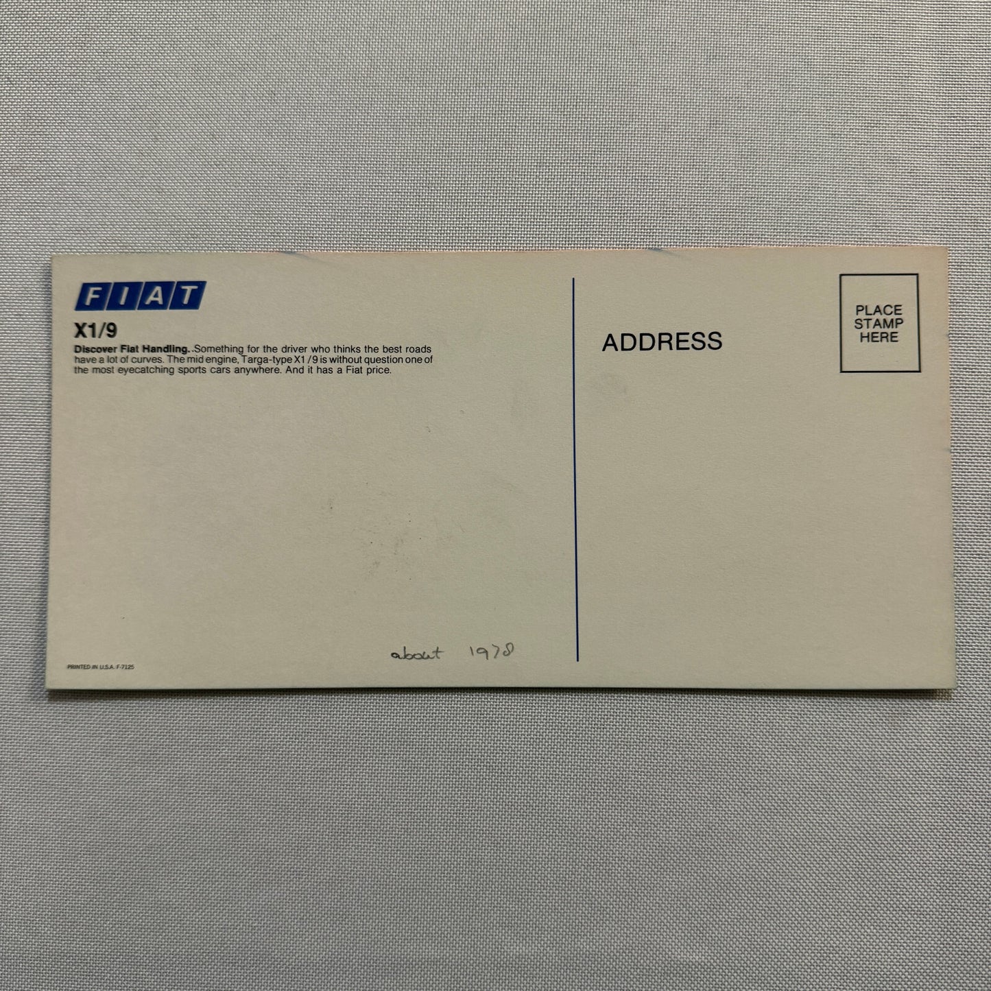 Fiat X1/9 Car Advertising Postcard Post Card Vintage