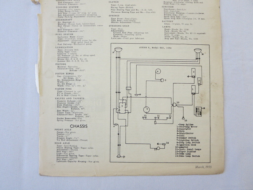 1934 Auburn 6 652 Technical Specification Sheet - Vintage Car 