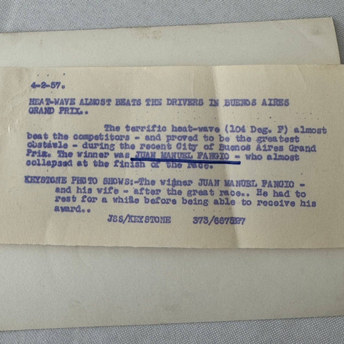 1957 Buenos Aires Grand Prix Juan Manuel Fangio Racing Driver Press Photo