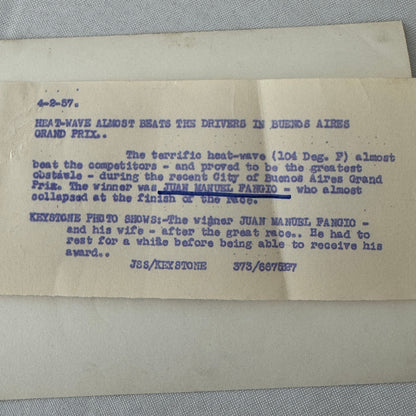 1957 Buenos Aires Grand Prix Juan Manuel Fangio Racing Driver Press Photo