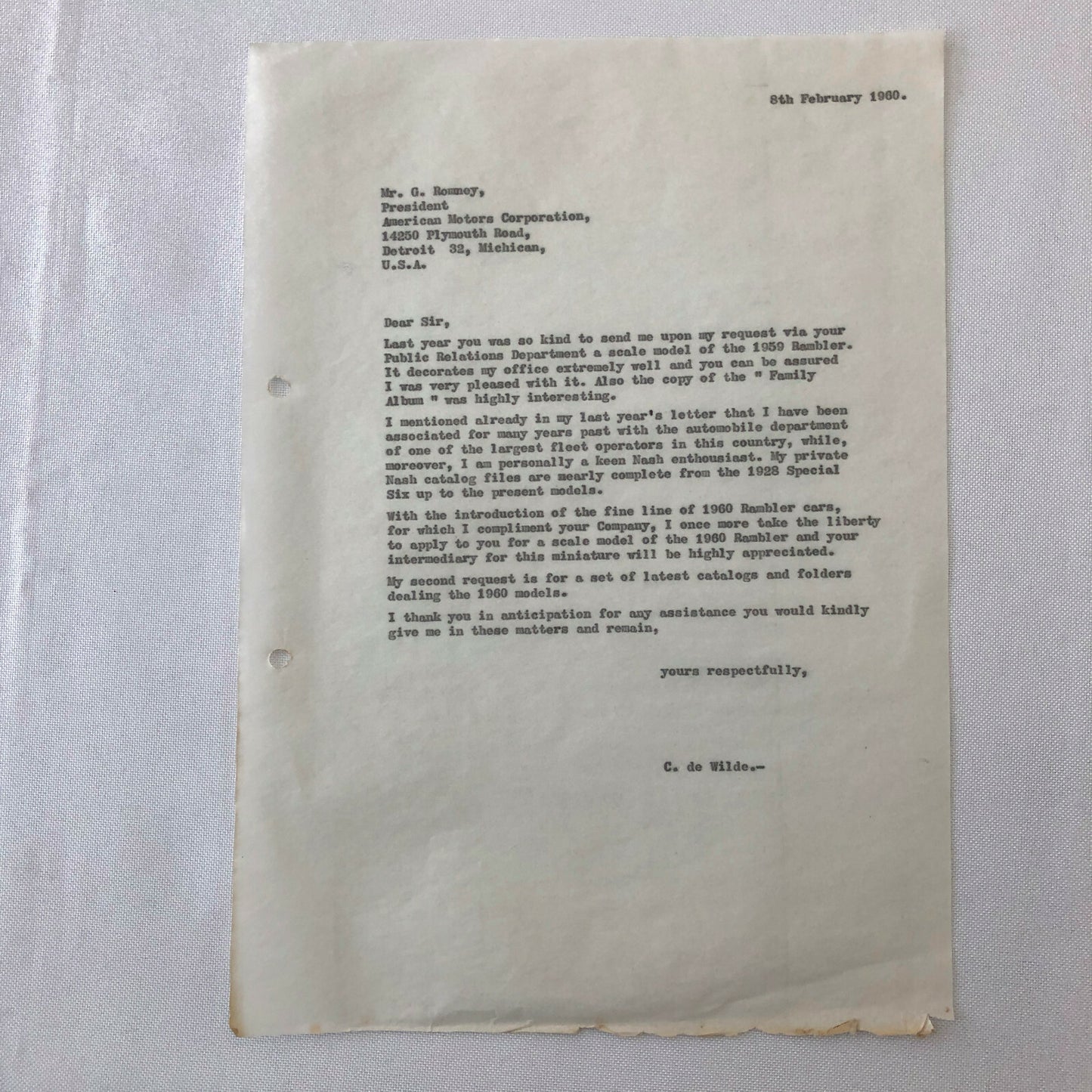 1960 - 1961 American Motors Corporation Car Letter Letterhead George Romney 