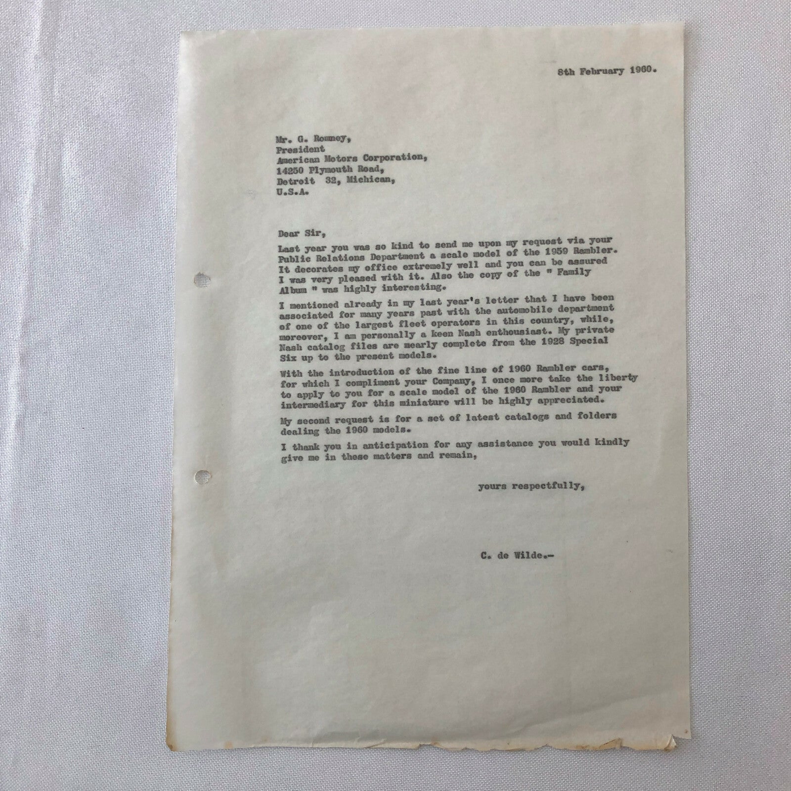 1960 - 1961 American Motors Corporation Car Letter Letterhead George Romney 