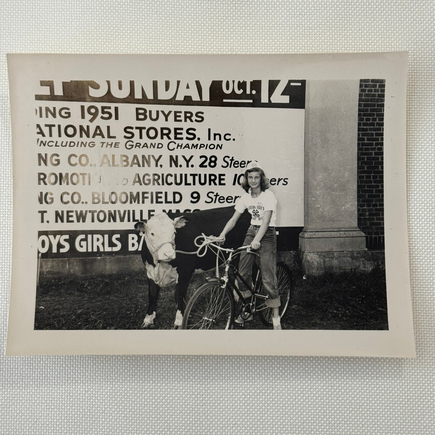 Vintage Photo Negative and Print Child on Bicycle with Cow 1952