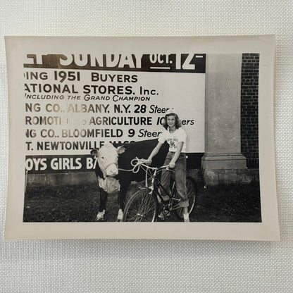 Vintage Photo Negative and Print Child on Bicycle with Cow 1952