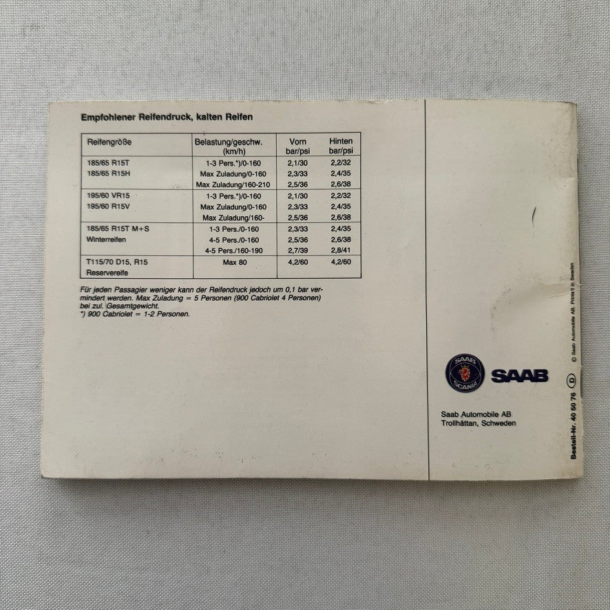 1993 Saab 900 Owners Manual Instruction Guide Book Saab Turbo GERMAN