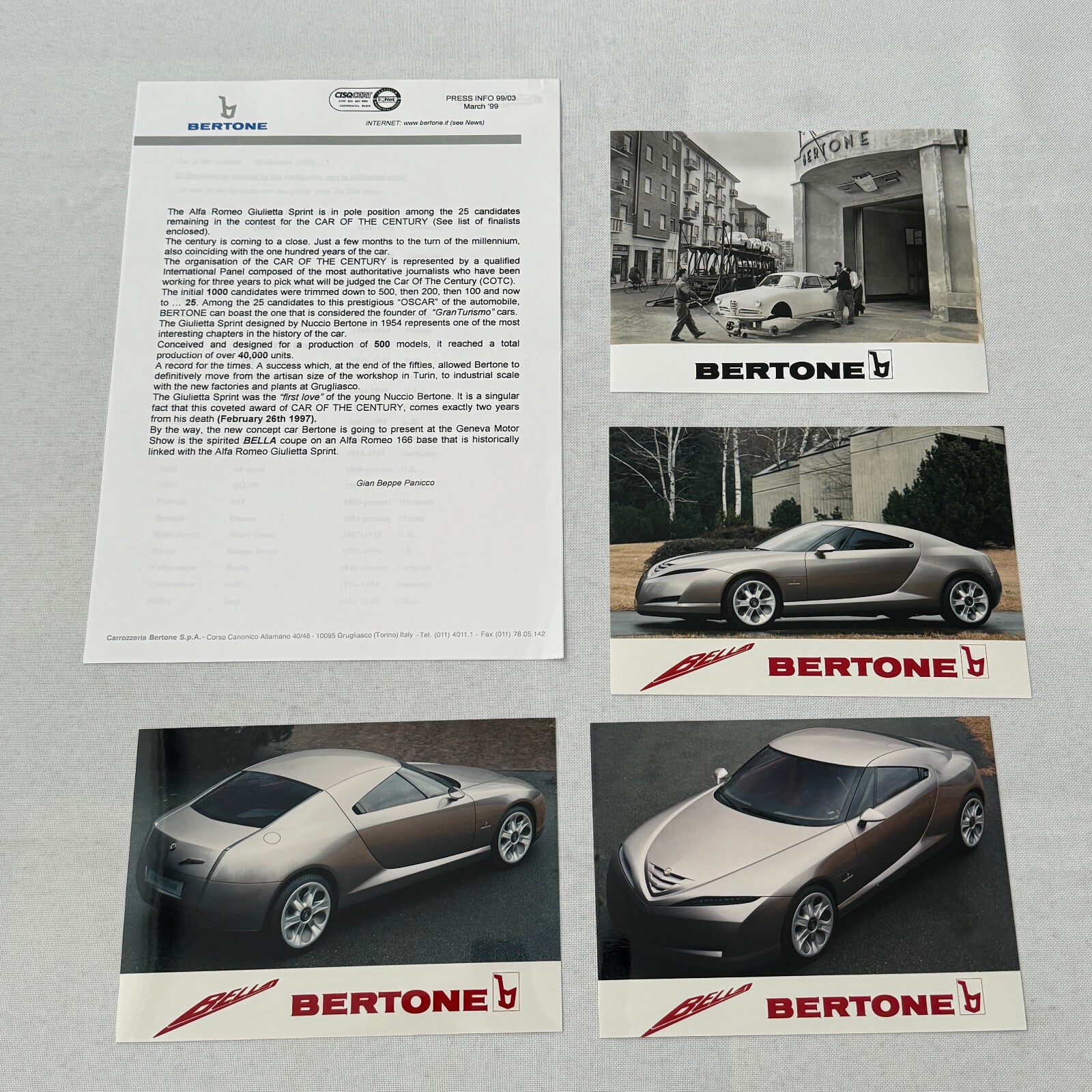 Bertone Bella Concept Car Press Kit Alfa Romeo 166 1999 Geneva Motor Show