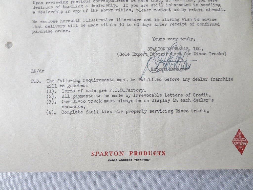 1949 Sparton Overseas Divco Truck Letter Letterhead Document 