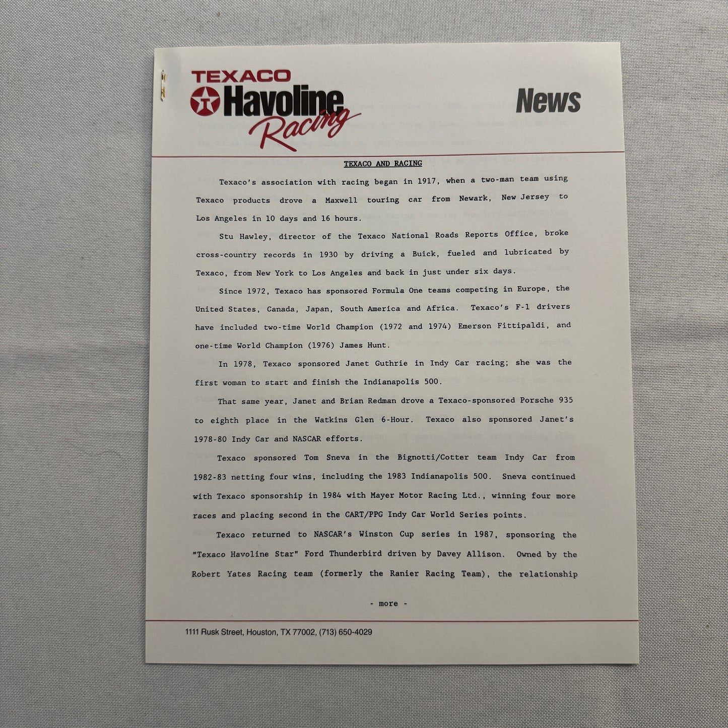 1990 Texaco Racing Team Indy CART Press Kit Brochure Photos Dominic Dobson