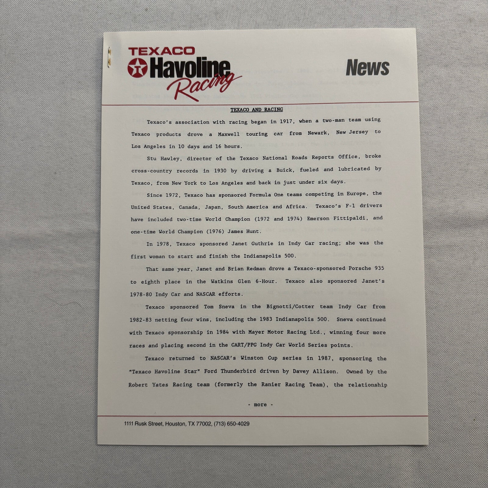 1990 Texaco Racing Team Indy CART Press Kit Brochure Photos Dominic Dobson