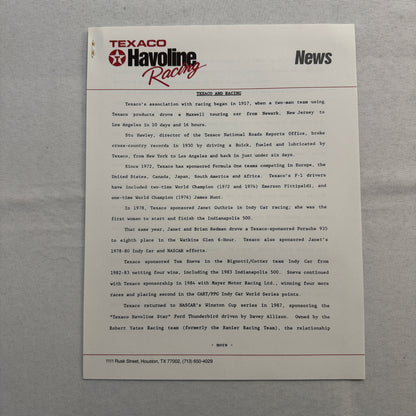 1990 Texaco Racing Team Indy CART Press Kit Brochure Photos Dominic Dobson