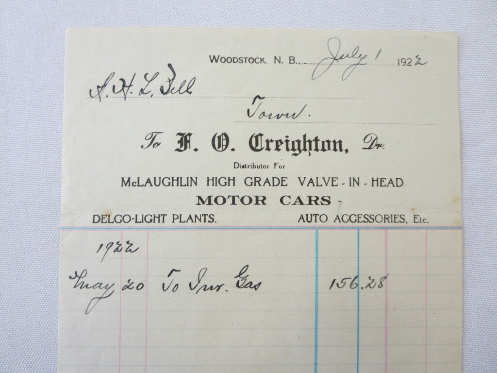 1922 Mclaughlin Motor Car Dealership Invoice Document Letter Form 