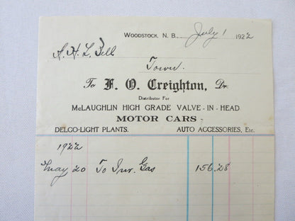 1922 Mclaughlin Motor Car Dealership Invoice Document Letter Form 