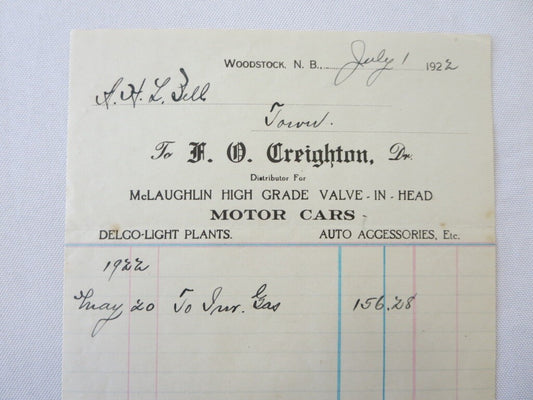 1922 Mclaughlin Motor Car Dealership Invoice Document Letter Form 