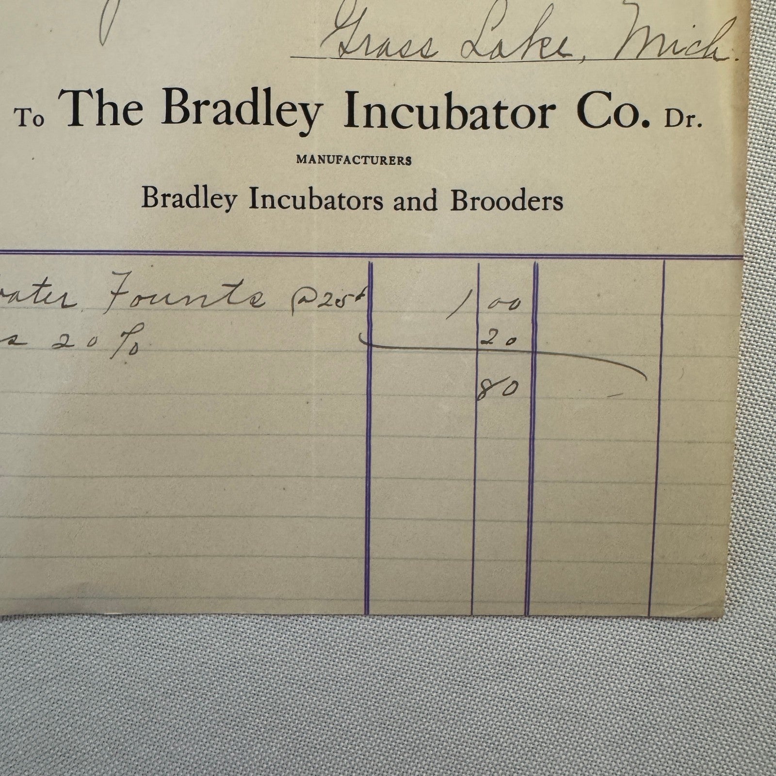 1908 Bradley Incubator Company Eaton Rapids Michigan Invoice Document Antique