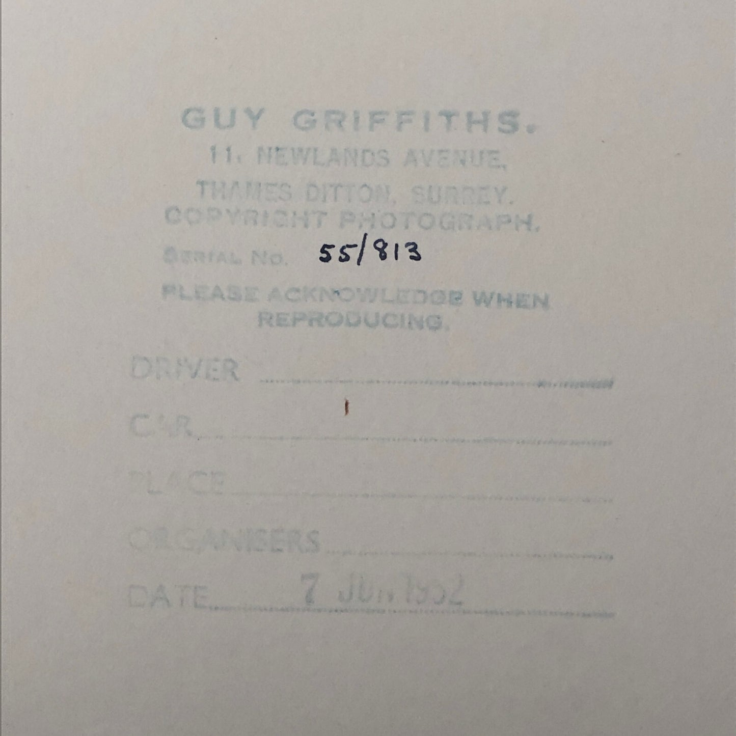 Vintage Car Automobile Racing Photo Photograph Print - Guy Griffiths Tag REA22E4