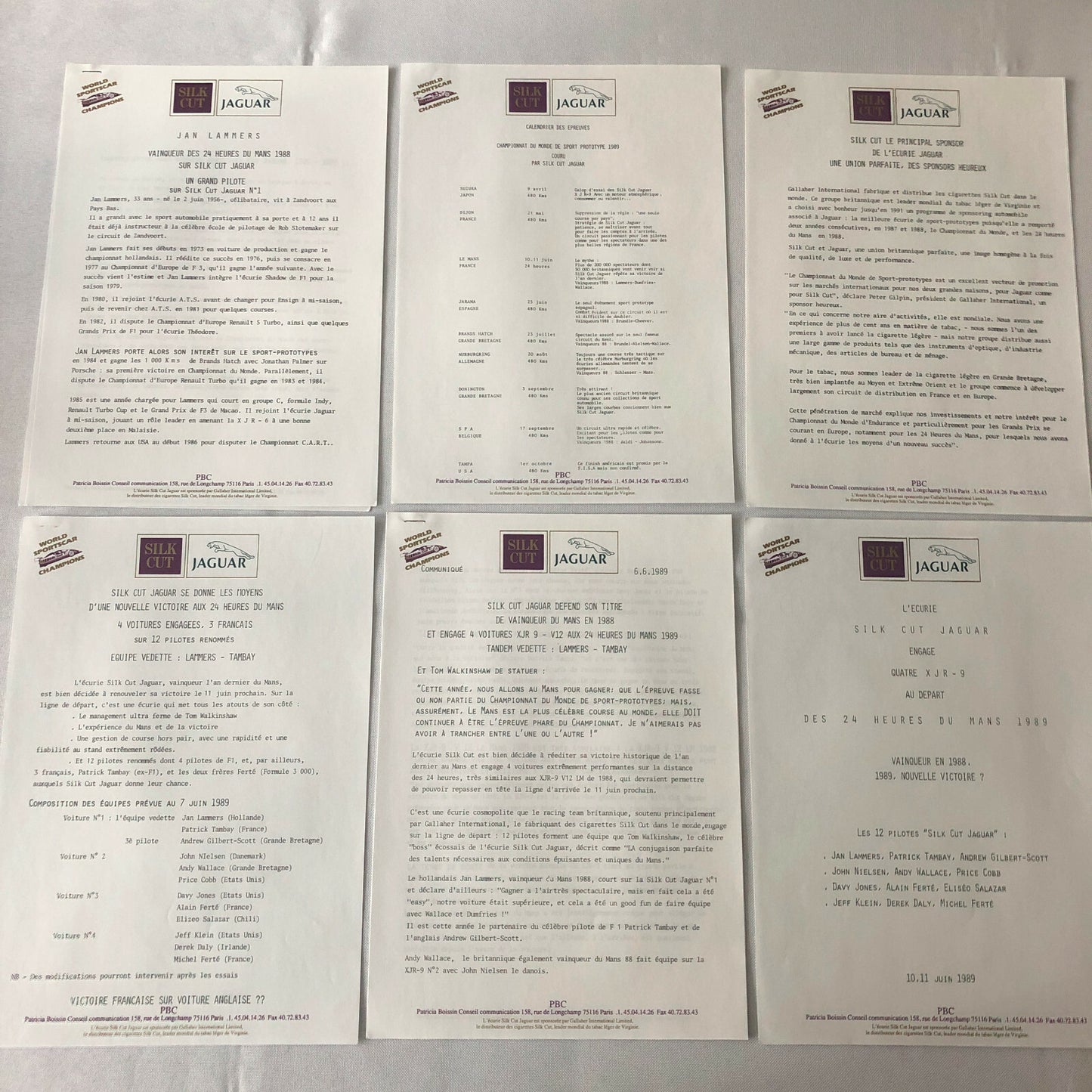 1989 Jaguar Silk Cut Racing Car Team Press Kit Photos + FRENCH LANGUAGE