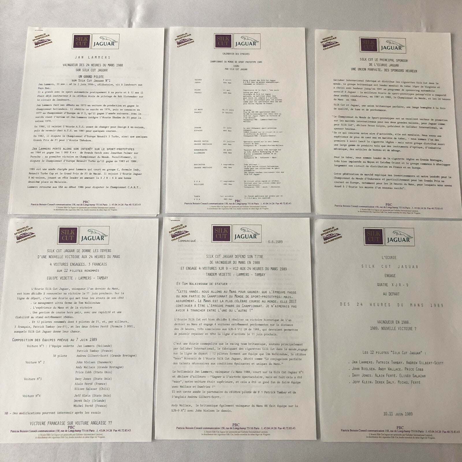 1989 Jaguar Silk Cut Racing Car Team Press Kit Photos + FRENCH LANGUAGE