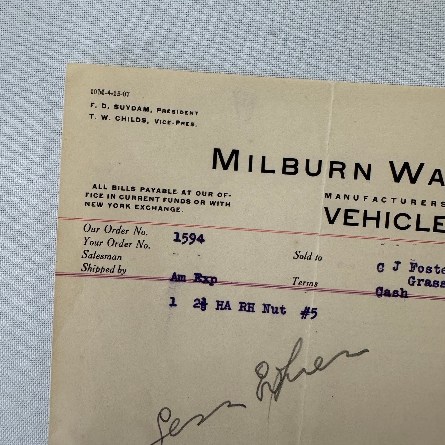Milburn Wagon Company 1908 Toledo Ohio Invoice Receipt Document Lot 2x Antique