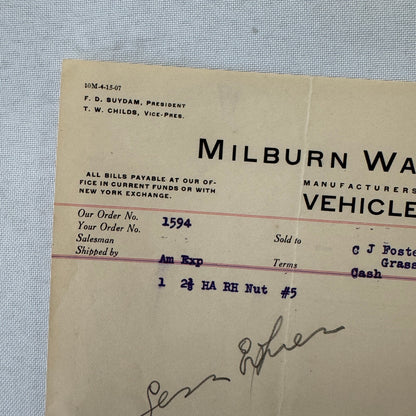 Milburn Wagon Company 1908 Toledo Ohio Invoice Receipt Document Lot 2x Antique