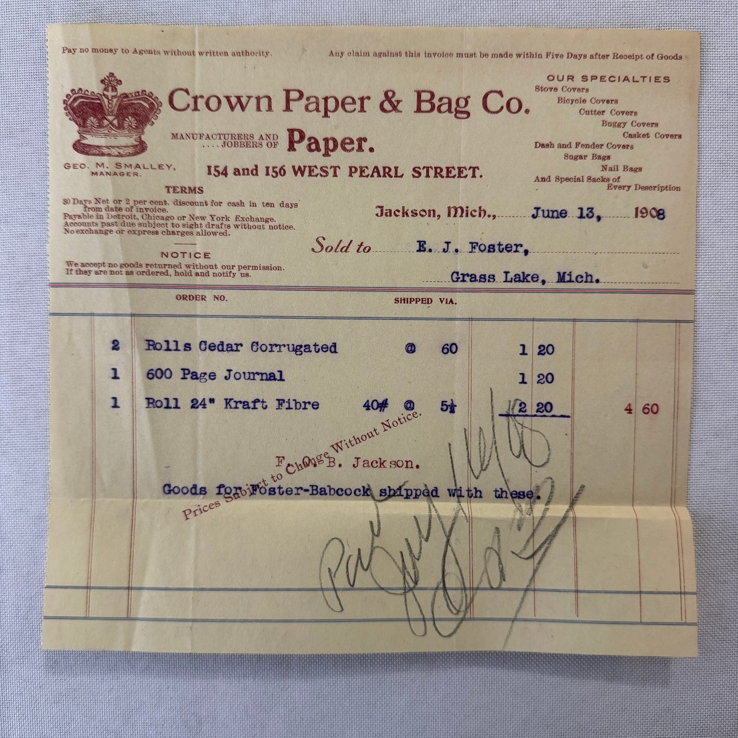 Crown Paper & Bag Company Jackson Michigan 1908 Receipt Invoice Document Lot 5x