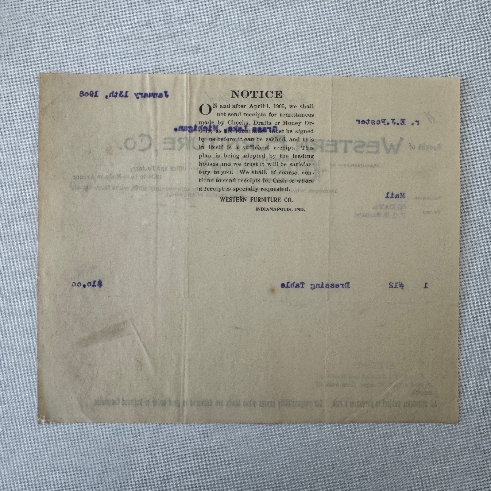 Western Furniture Company Receipt Invoice Document Letterhead 1908 Indianapolis