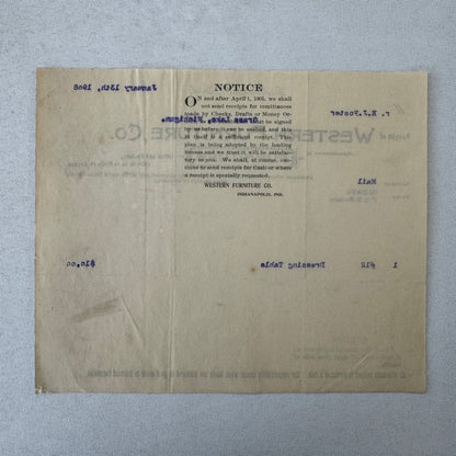 Western Furniture Company Receipt Invoice Document Letterhead 1908 Indianapolis