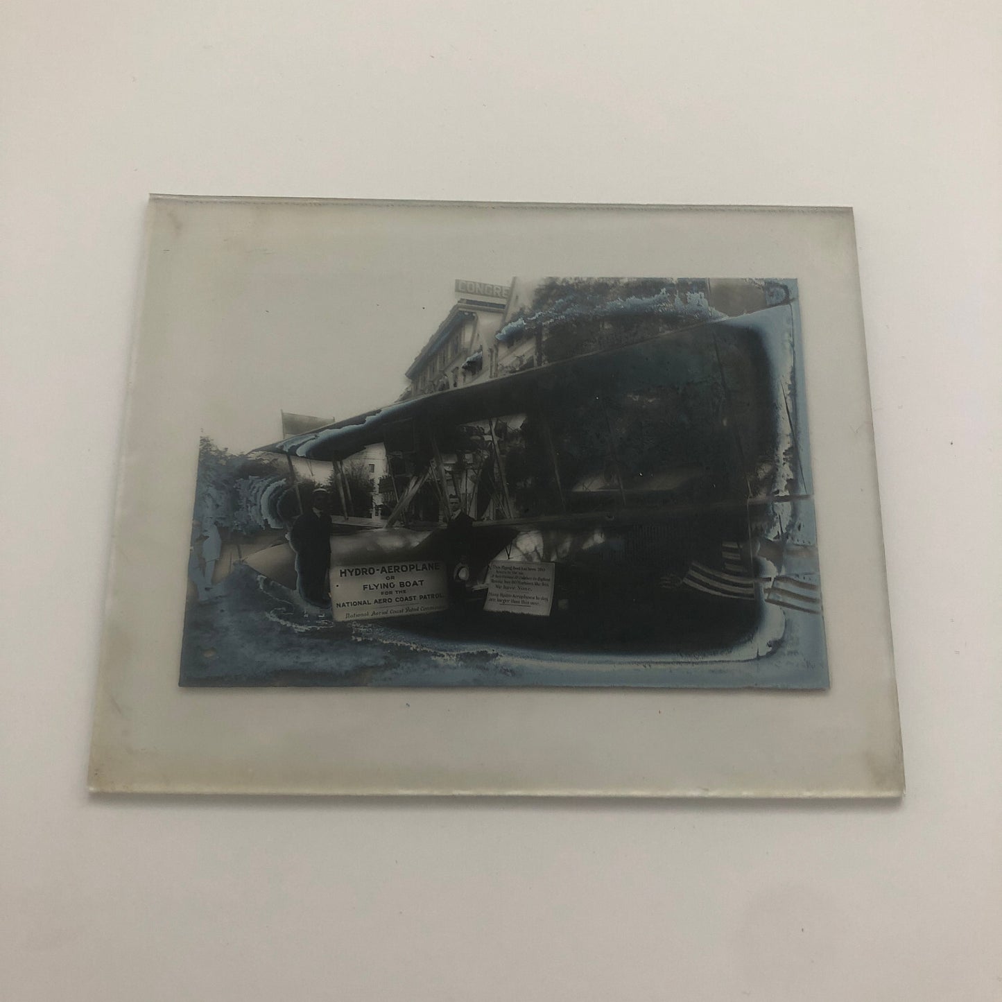Antique Glass Plate Lantern Slide Men Flying Boat Airplane Aircraft Aviator