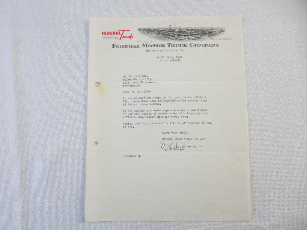 1948 Federal Motor Truck Company Letter Letterhead 