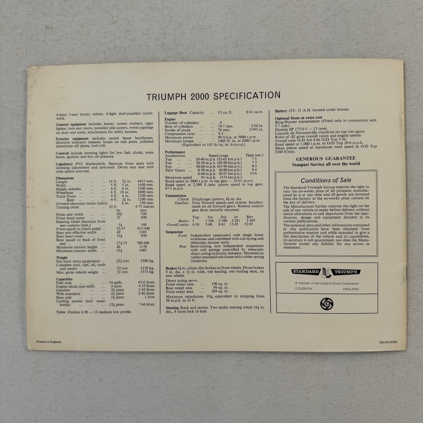 Triumph 2000 Car Sales Brochure Catalog Vintage Advertising