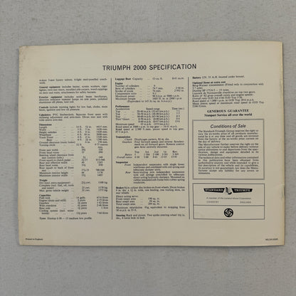 Triumph 2000 Car Sales Brochure Catalog Vintage Advertising
