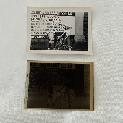 Vintage Photo Negative and Print Child on Bicycle with Cow 1952