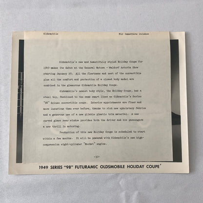 1949 Oldsmobile Series 98 Futuramic Coupe Factory Press Photo Photograph