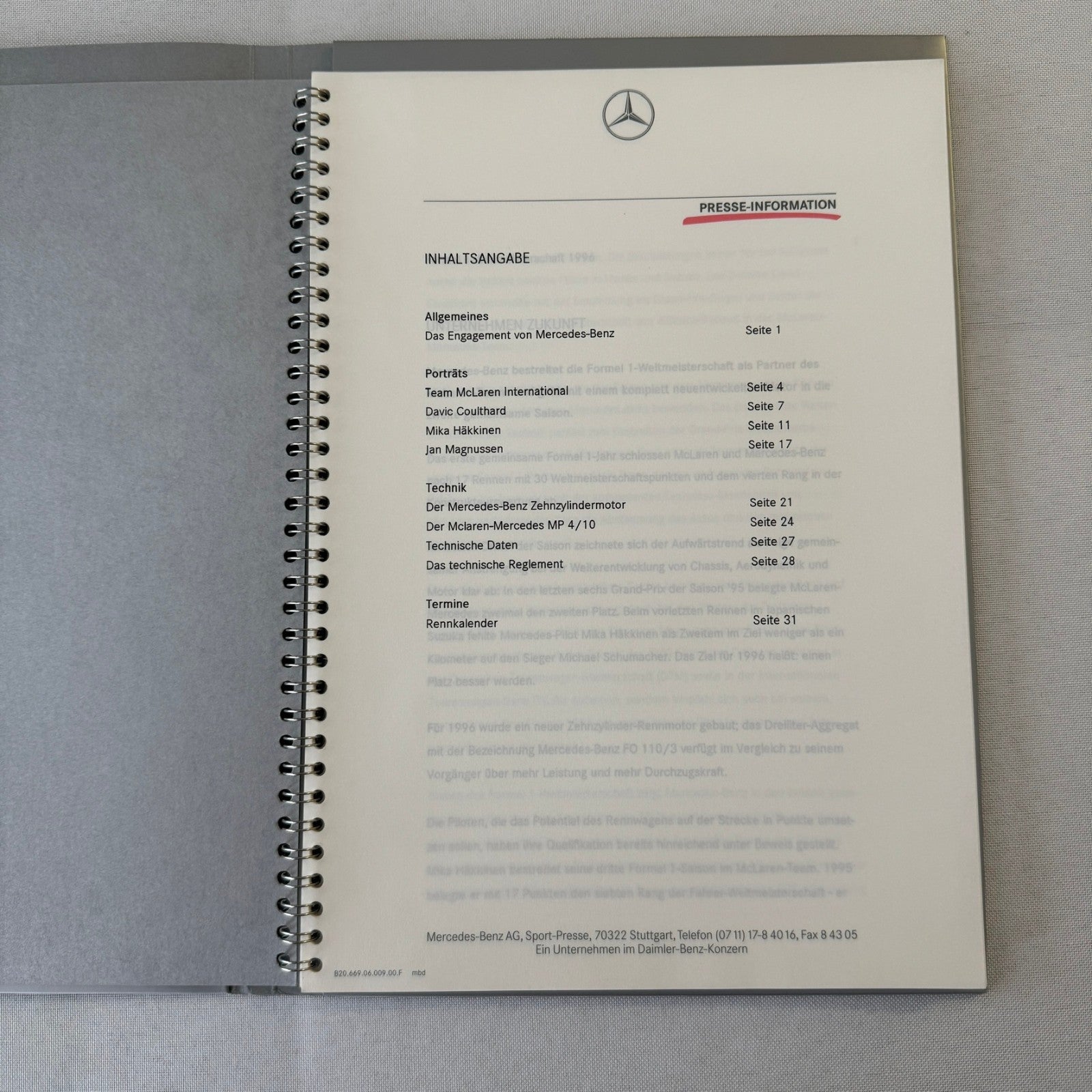 1996 Mercedes Marlboro F1 Formula One Racing Press KIt Mika Hakkinen Coulthard