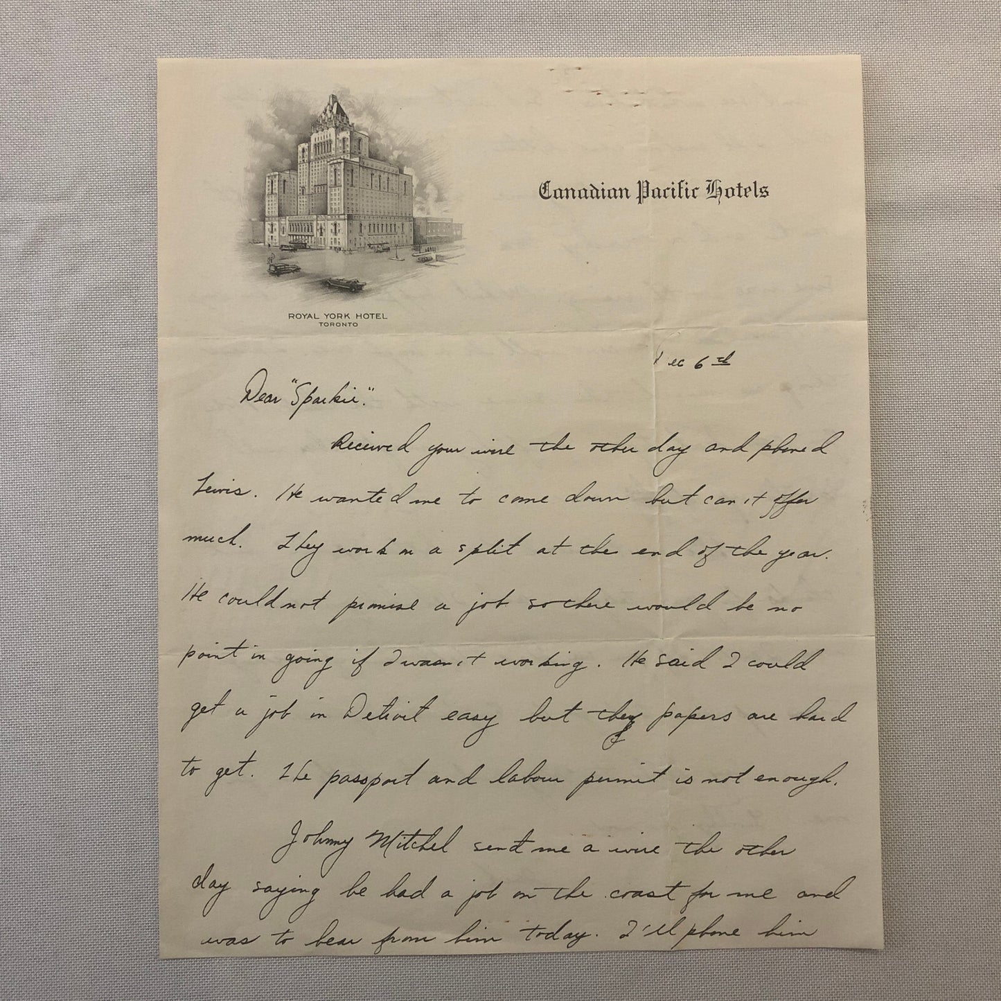 Royal York Hotel Toronto Letterhead Letter Hockey Player Detroit Red Wings Scout