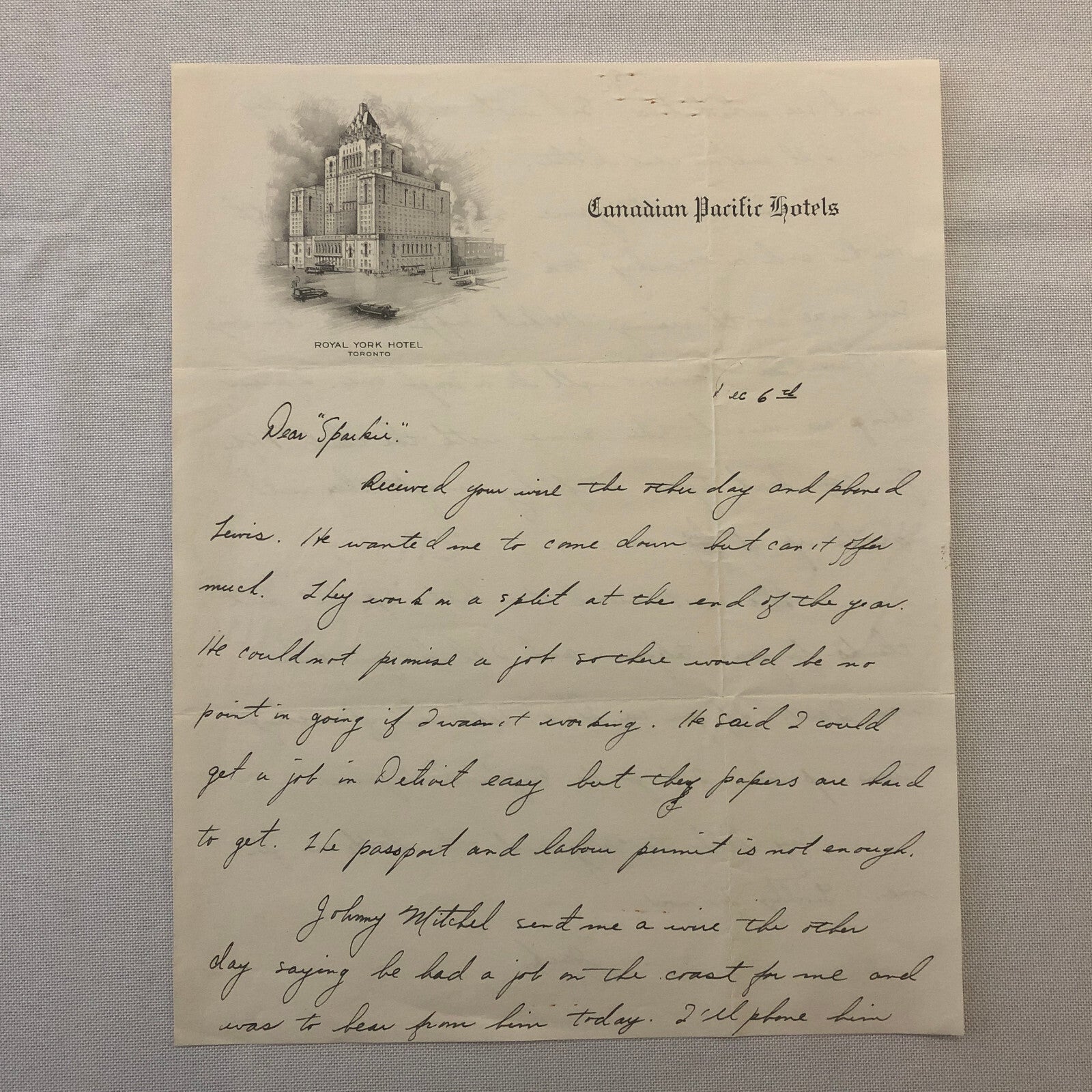 Royal York Hotel Toronto Letterhead Letter Hockey Player Detroit Red Wings Scout