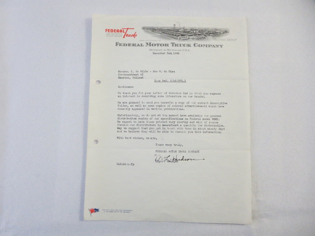 1946 Federal Motor Truck Company Letter Letterhead 
