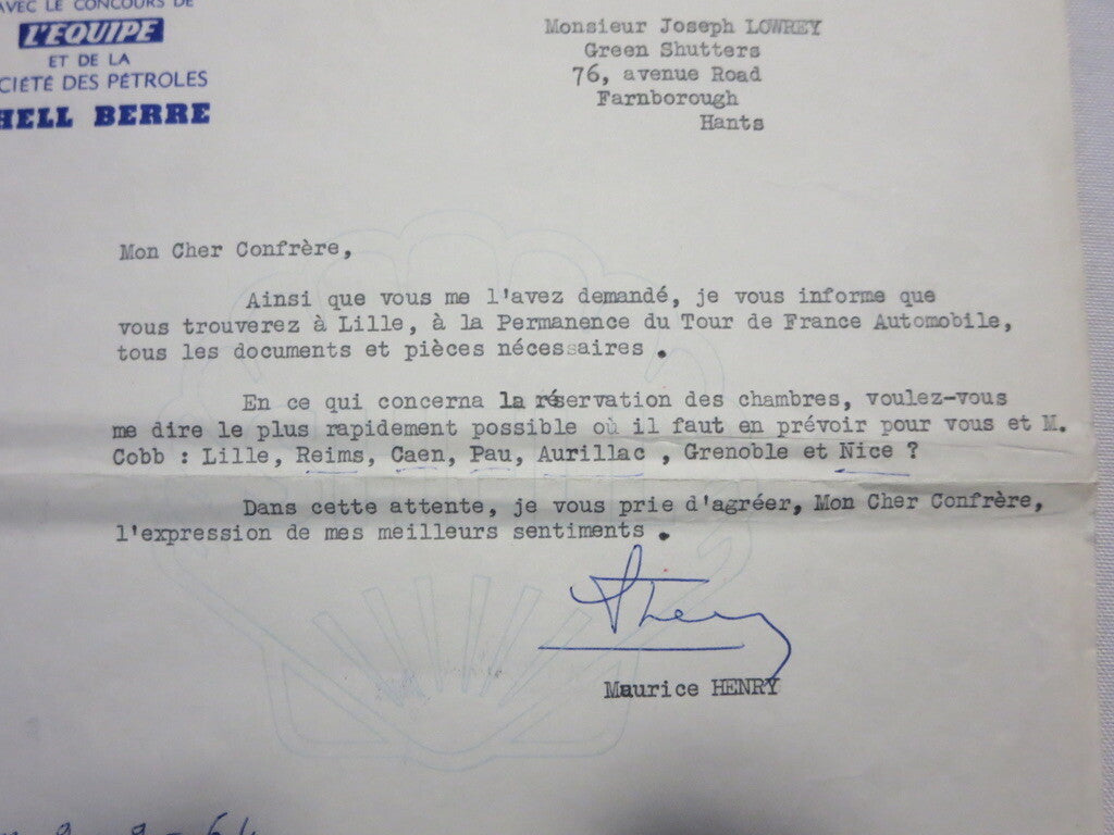 1964 Tour de France Automobile Car Racing Letter on Letterhead - Joseph Lowrey 