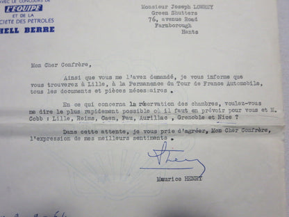 1964 Tour de France Automobile Car Racing Letter on Letterhead - Joseph Lowrey 